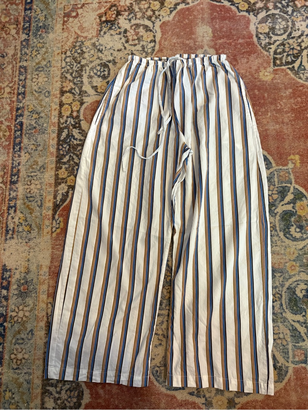 LESET Striped Ankle-Length Wide-Leg Pants in White, Blue & Brown